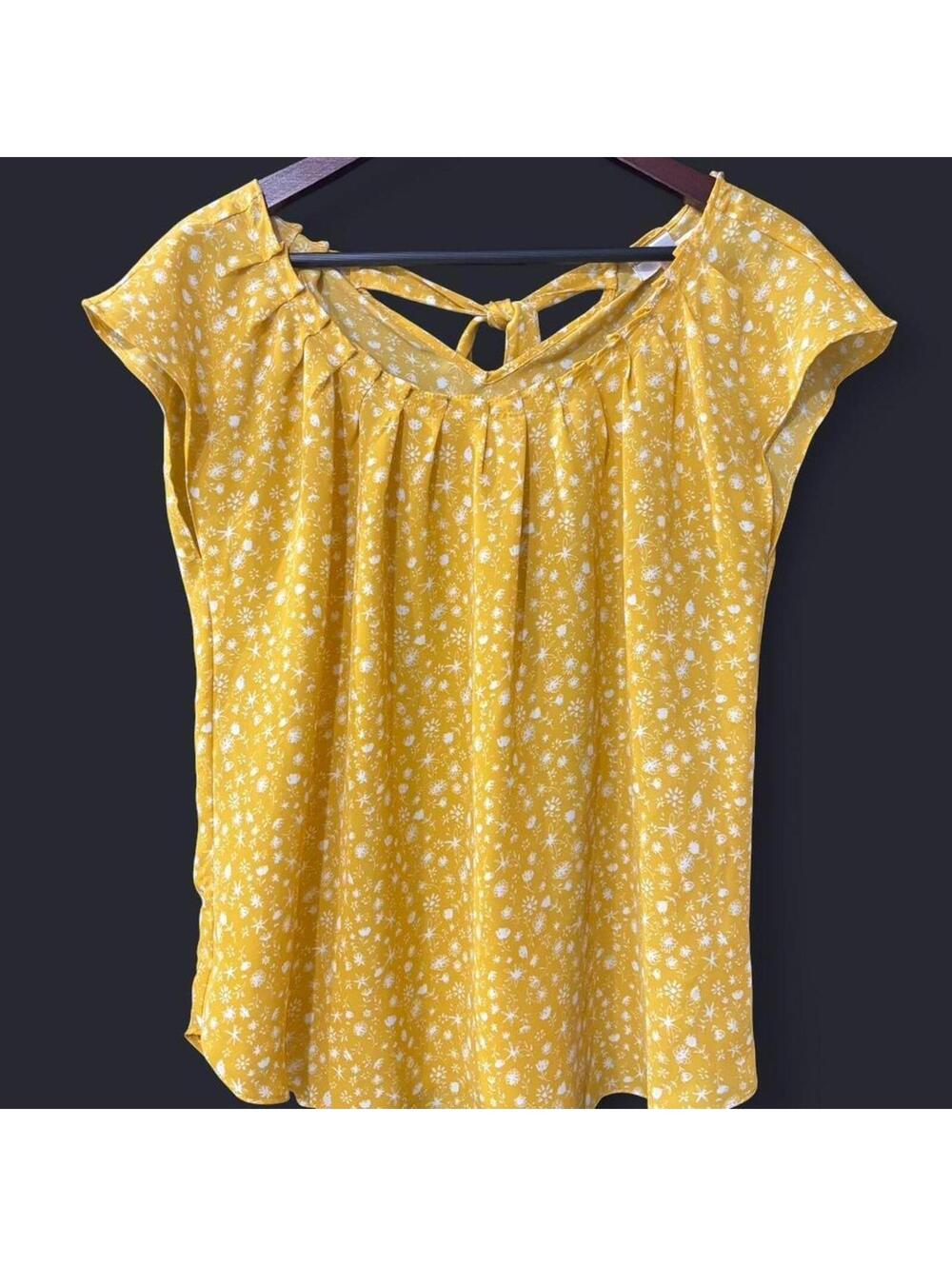 LC Lauren Conrad Floral Blouse Women's Medium Mustard Yellow Tie Neck Top